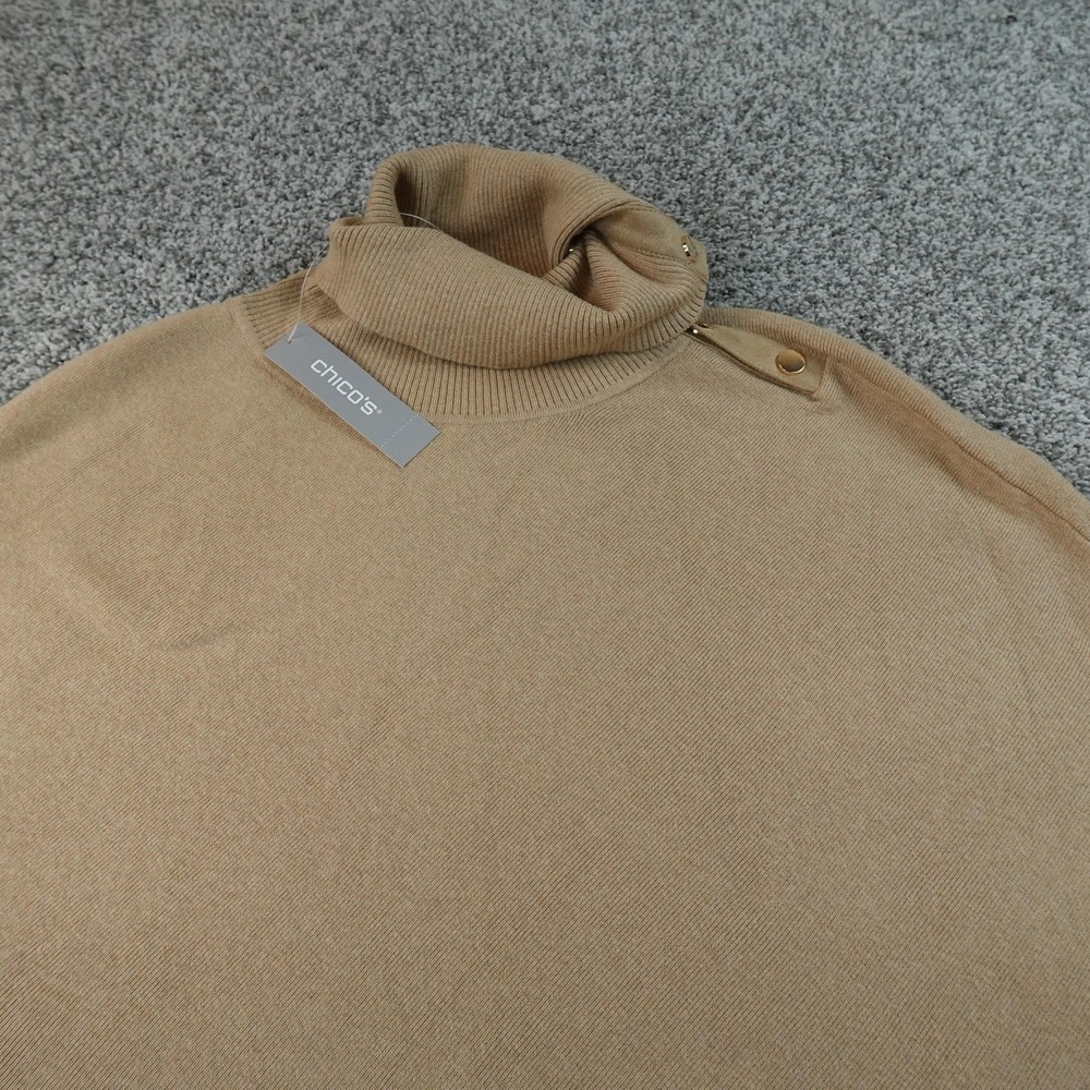 NEW Chicos Sweater Womens XL Beige Camel Turtleneck Poncho Snap Neck Cape Knit